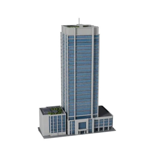 Tour de quartier financier modèle 3D STL imprimable, vue d'affichage isométrique, montrant les matériaux du bâtiment de burea