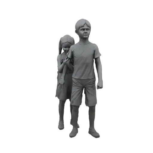 3D model of a boy and a girl playing hide and seek, with the girl peeking from behind the boy.