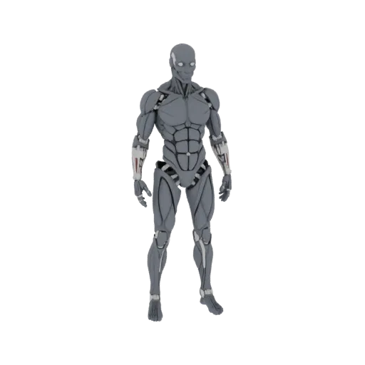 Modelo 3D de un robot humanoide avanzado gris de pie en pose neutral sobre fondo negro.
