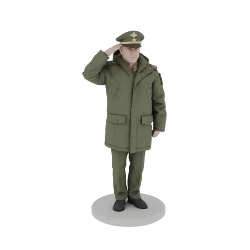 3D model of a military officer in a green uniform, standing at attention and saluting.