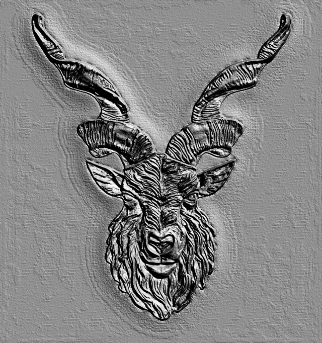 3D model of a markhor head bas-relief in engraving style, with detailed horns and fur on a textured background.