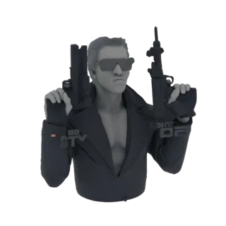 Render de modelo 3D de un busto Terminator T-800 con gafas de sol y dos escopetas.