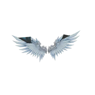 A 3D model of a pair of ornate, white and silver ice wings with sharp, crystalline feather details, presented against a white