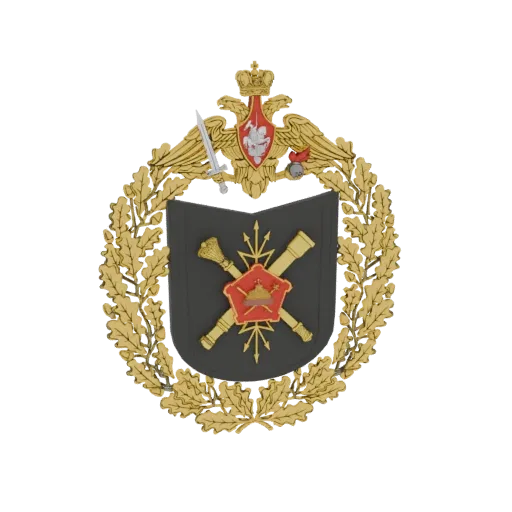 3D model of the Russian military emblem, featuring a double-headed eagle, crossed arms, and a golden oak wreath.