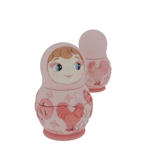 3D model of a pink Matryoshka doll with a painted face, a detailed rooster, and star patterns on its body, set against a whit