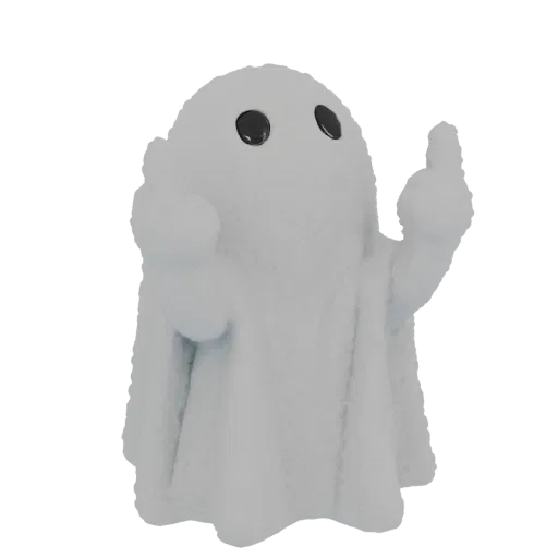 A 3D render of a white, cartoonish ghost figure with large black eyes, playfully giving the middle finger with its right hand