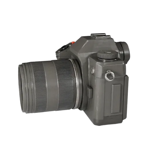 Cinema Video Camera Low Poly 3D model, game viewport three-quarter view, showing textured grips, lens barrels.