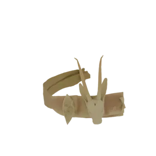 3D render of a stylized dragon head mask with prominent, curved horns, presented against a white background.