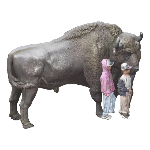 3D model of a large, weathered bison statue with two children standing beside it, showcasing scale and detail.