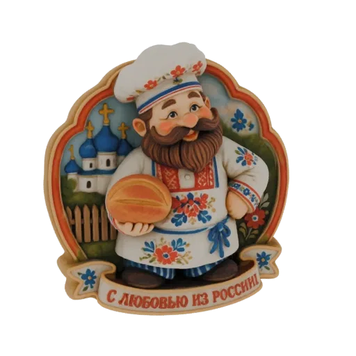 3D model of a cheerful Russian baker in traditional attire holding a loaf of bread, with a backdrop of blue-domed churches an