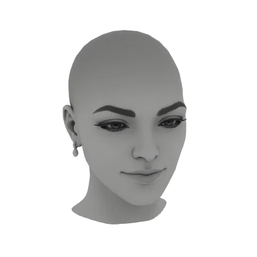3D render of a stylized bald female head with dark eyebrows, subtle makeup, and elegant dangling earrings, looking slightly d