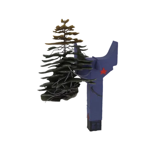 3D render of a stylized blue Soviet-era sculpture with a red star emblem, featuring a detailed tree growing out of it.