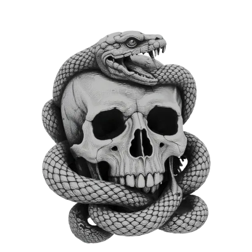 A detailed 3D model of a human skull with a snake coiled around its cranium and jaw, rendered against a black background.