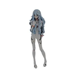 3D model of Rei Ayanami from Neon Genesis Evangelion wearing her white plugsuit, with blue hair and red eyes.