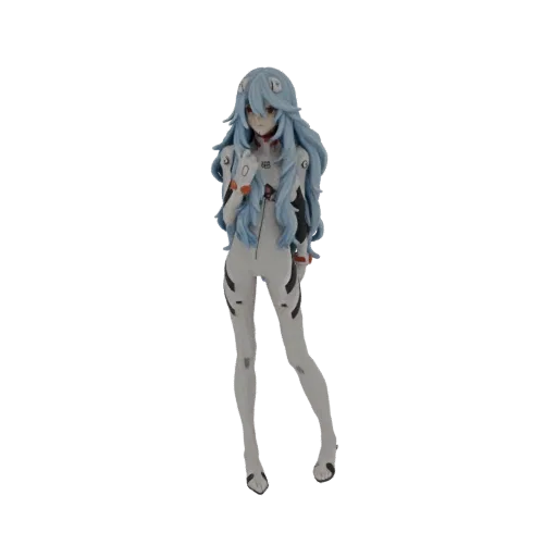 Modelo 3D de Rei Ayanami de Neon Genesis Evangelion usando seu plugsuit branco, com cabelo azul e olhos vermelhos.