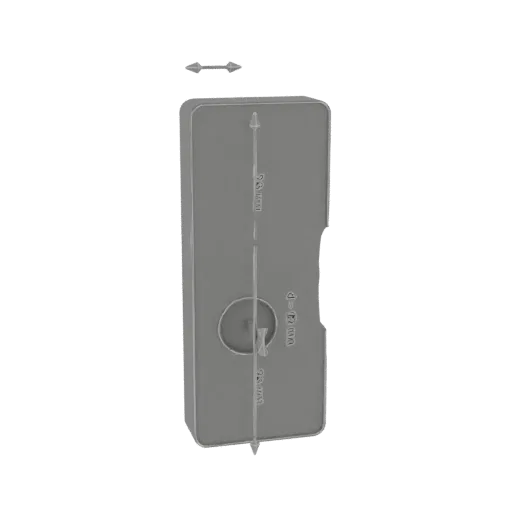 3D model of a gray rectangular electronic device with a circular button and measurement markings indicating 25mm and 15mm dia