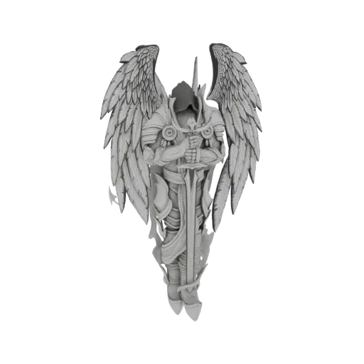 3D model render of an angelic warrior with large wings and a sword, depicted in a stoic pose.