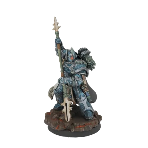 3D model of a blue-armored aquatic warrior holding a spear, standing on a rocky base.