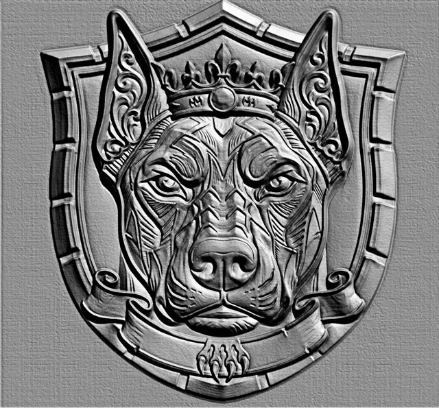 3D model of a crowned dog bas-relief in baroque style, with detailed rendering of the muzzle and crown.