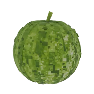 Modello 3D di anguria in stile Minecraft, con texture pixelata distintiva e sfumature verdi, su sfondo bianco.