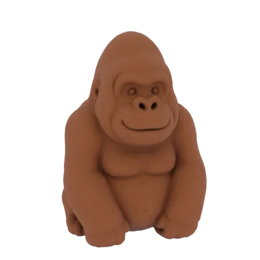 A 3D render of a cute, brown gorilla figurine sitting with a friendly smile.