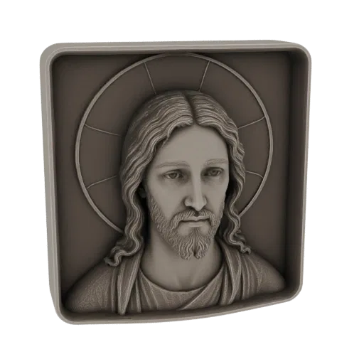 3D model render of a Jesus Christ bust relief with a halo, enclosed in a decorative frame.