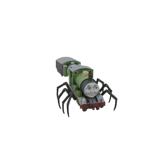 3D model of Percy the train with spider legs, featuring his green engine and tender with multiple spindly legs.