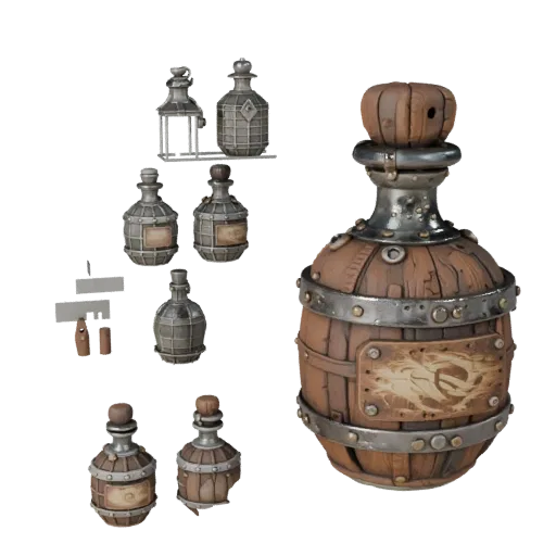 Fantasy Potion Bottle Modular 3D model, isometric modular kit view, showing aged wood, clear pickup silhouette.