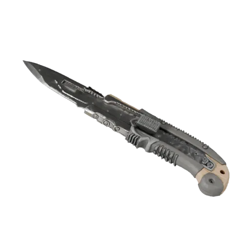Couteau utilitaire robuste réaliste 3D, rendu studio trois-quarts, montrant métal peint, zones de préhension claires.