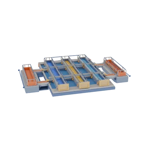 Modèle 3D de plateforme industrielle modulaire avec des sections bleues et jaunes reliées par des poutrelles grises.