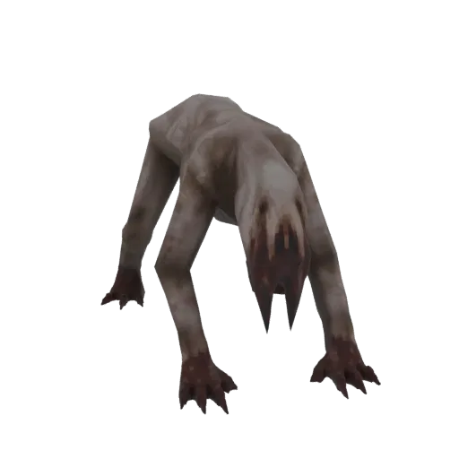 3D model of a pale, hunched creature with dark markings, crawling on all fours with sharp claws.