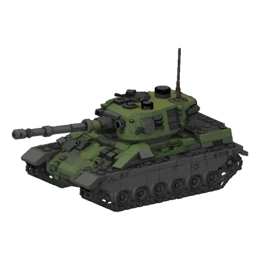 3D render of a green tank with a Lego-inspired design, featuring detailed tracks and turret, set against a black background.