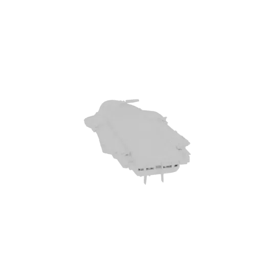 Modelo 3D de uma nave de carga futurista cinza com naceles de motor proeminentes, vista de um leve ângulo.