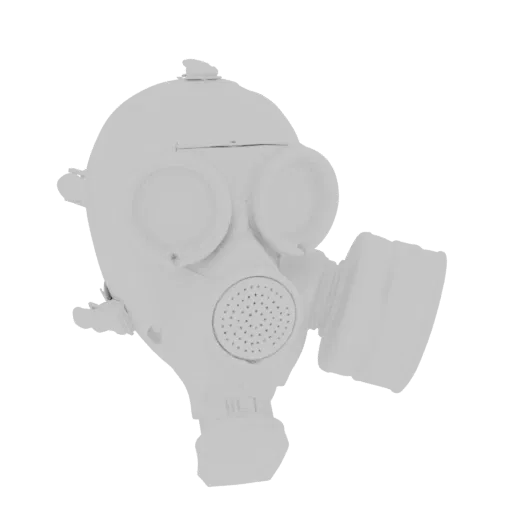 A 3D render of a monochromatic gas mask with dual lenses and a prominent filter, set against a black background.