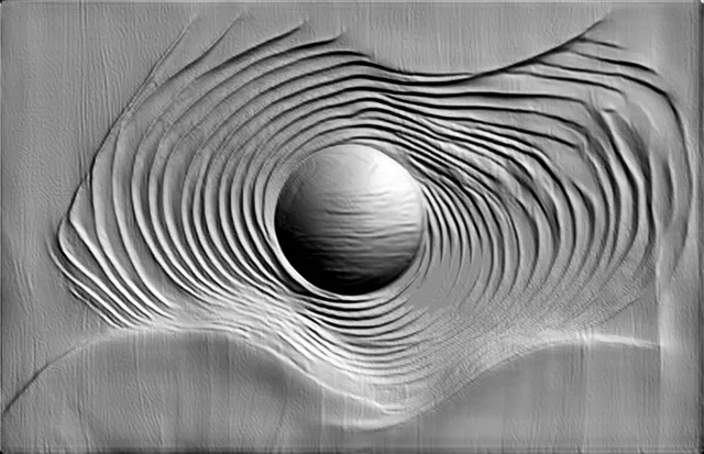 3D model of an abstract bas-relief with a central sphere and spiral patterns, in gray.
