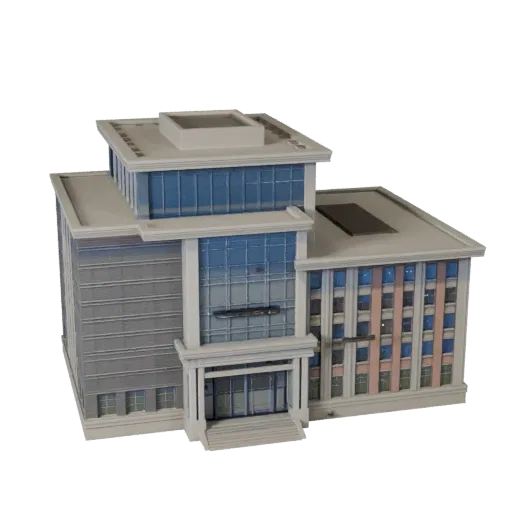 Library Building low poly 3D model, game-ready exterior view, showing public building materials and architectural detail