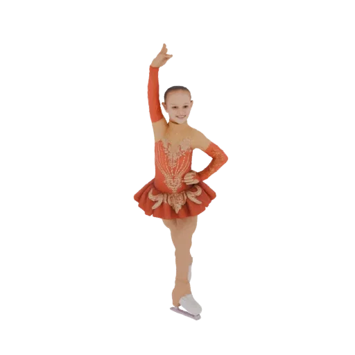 3D model of a young figure skater in an orange and gold costume, performing a graceful pose on ice skates.