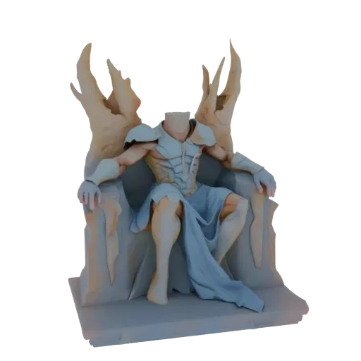 3D model of a headless warrior in ornate armor sitting on a detailed, jagged throne.