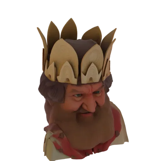 3D model of a stylized king's bust with a stern expression and an ornate, layered crown resembling carved wood.