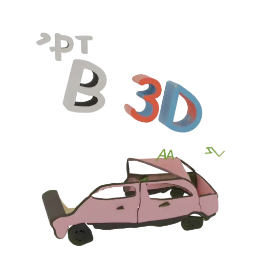 3D model of a retro pink hatchback car with a stylized design and open rear hatch, set against a black background.