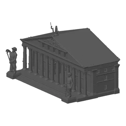 3D model of an ancient Greek temple with a colonnade and two statues on a white background.