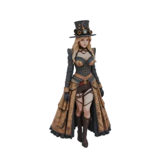 Modelo 3D de uma dama Steampunk usando cartola, óculos, espartilho e uma saia longa e estampada, em pé elegantemente.