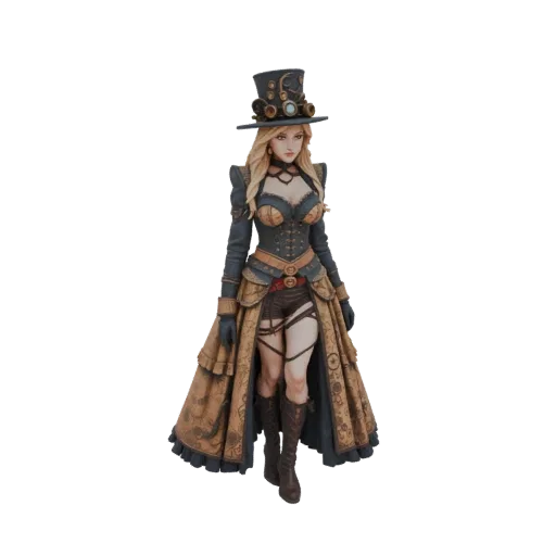 Modello 3D di una signora Steampunk con cilindro, occhiali, corsetto e una lunga gonna fantasia, in piedi elegantemente.