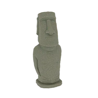 Um modelo 3D de uma estátua Moai texturizada, em pé com suas características faciais e textura semelhante à pedra.