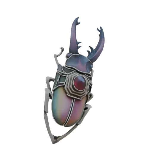 Modello 3D di una spilla scarabeo cervo iridescente con gemma rossa, che mostra sfumature metalliche viola, blu e verdi.