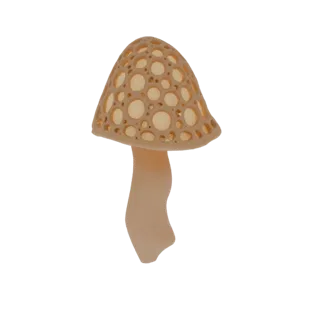 Modelo 3D de una lámpara de hongo ornamentada, beige, con un capuchón ahuecado y perforado y un tallo curvo, sobre un fondo b