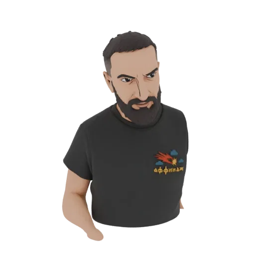 3D model of a stylized man with a beard, looking angry, wearing a black t-shirt with an emblem.