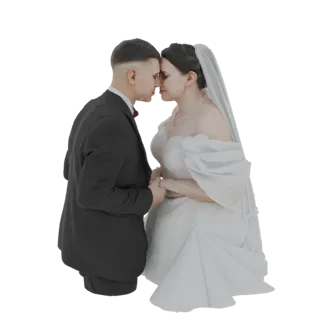 3D model of a bride in a white gown and a groom in a black suit, foreheads touching in a romantic embrace.