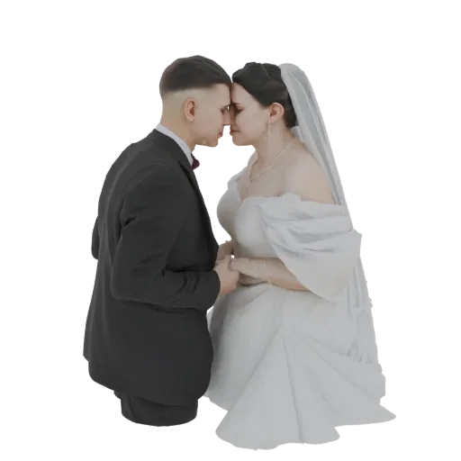 3D model of a bride in a white gown and a groom in a black suit, foreheads touching in a romantic embrace.