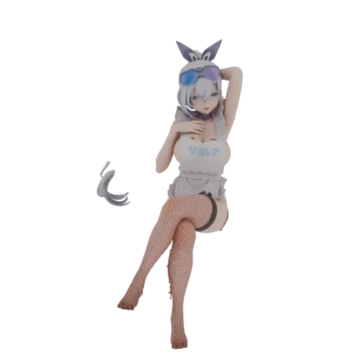 Modelo 3D de una chica conejo con gafas azules y top blanco, sentada con las piernas cruzadas.